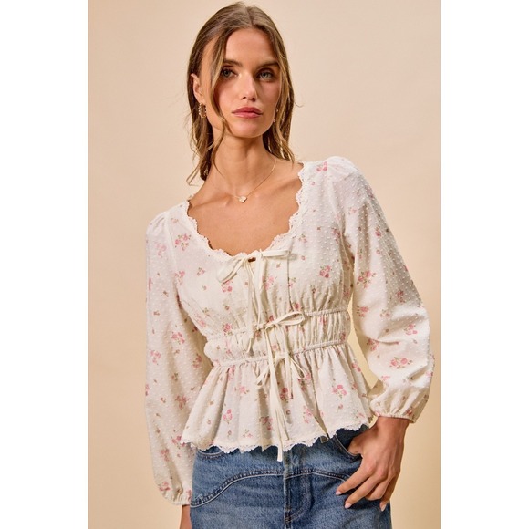 So Me Tops - SO ME Floral Clip Dot Lace Trim Ruched Bodice Blouse - White - Medium